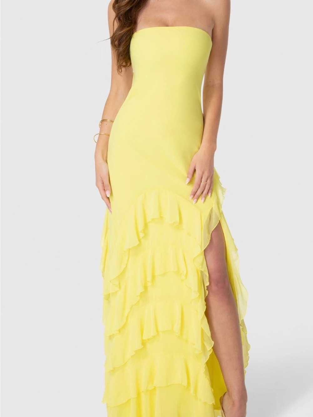Bebe Ruffle Strapless Chiffon Gown in Butter M- NWT
